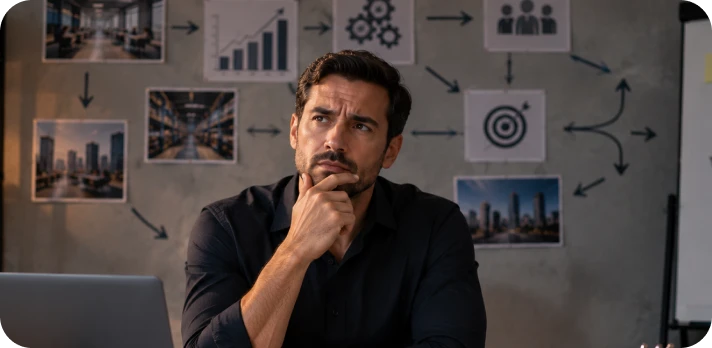 Empresário pensando nas prioridades do negócio